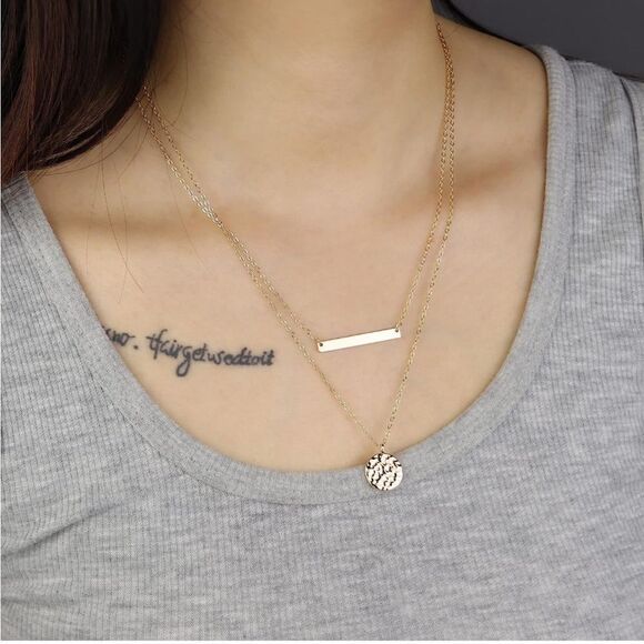 Gold 14k Gold Plated 2pc Bar & Disc Necklace Set - Picture 1 of 4